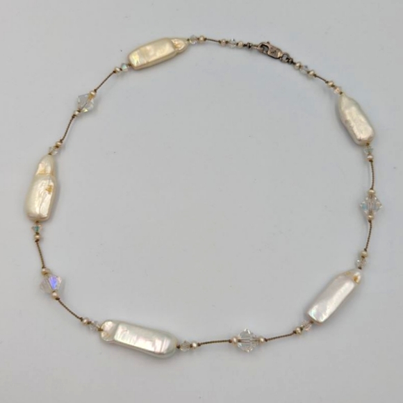 Beautiful Keshi Pearl Aurora Borealis Crystals Sterling Clasp Choker necklace - Picture 1 of 15